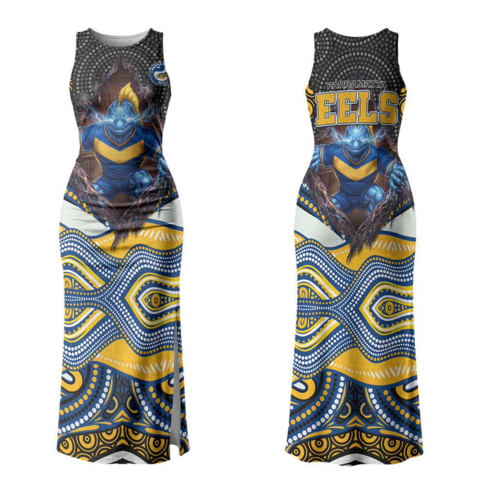 Parramatta Eels Couples Matching Tank Maxi Dress and Hawaiian Shirt The Scream of Lightning Eyes - Indigenous Dot Ripping Effect