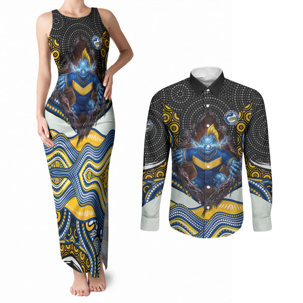 Parramatta Eels Couples Matching Tank Maxi Dress and Long Sleeve Button Shirt The Scream of Lightning Eyes - Indigenous Dot Ripping Effect