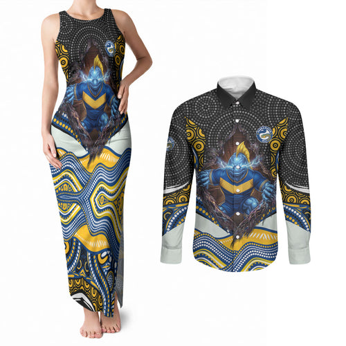 Parramatta Eels Couples Matching Tank Maxi Dress and Long Sleeve Button Shirt The Scream of Lightning Eyes - Indigenous Dot Ripping Effect