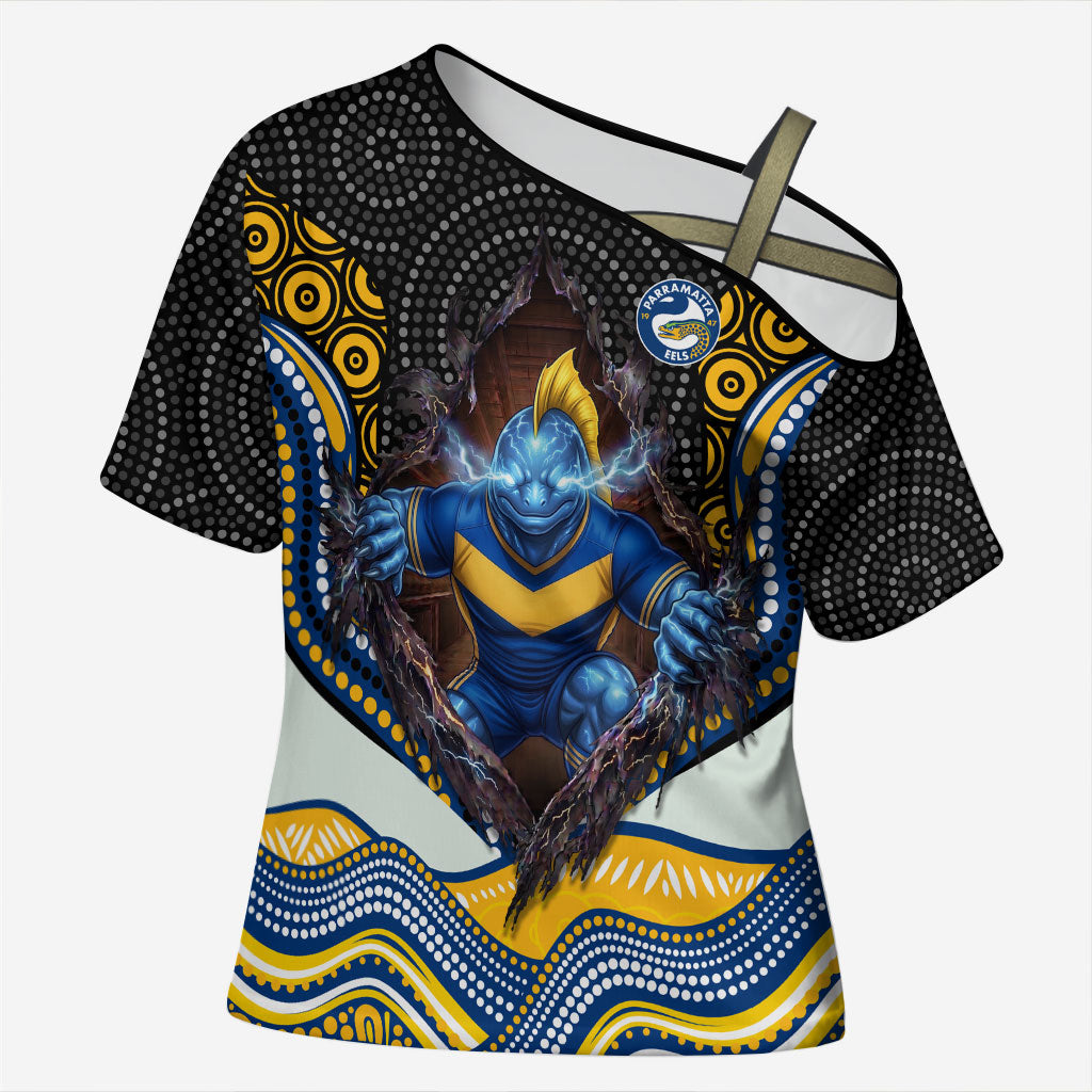 Parramatta Eels Cross Shoulder Shirt The Scream of Lightning Eyes - Indigenous Dot Ripping Effect