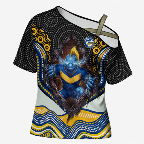 Parramatta Eels Cross Shoulder Shirt The Scream of Lightning Eyes - Indigenous Dot Ripping Effect