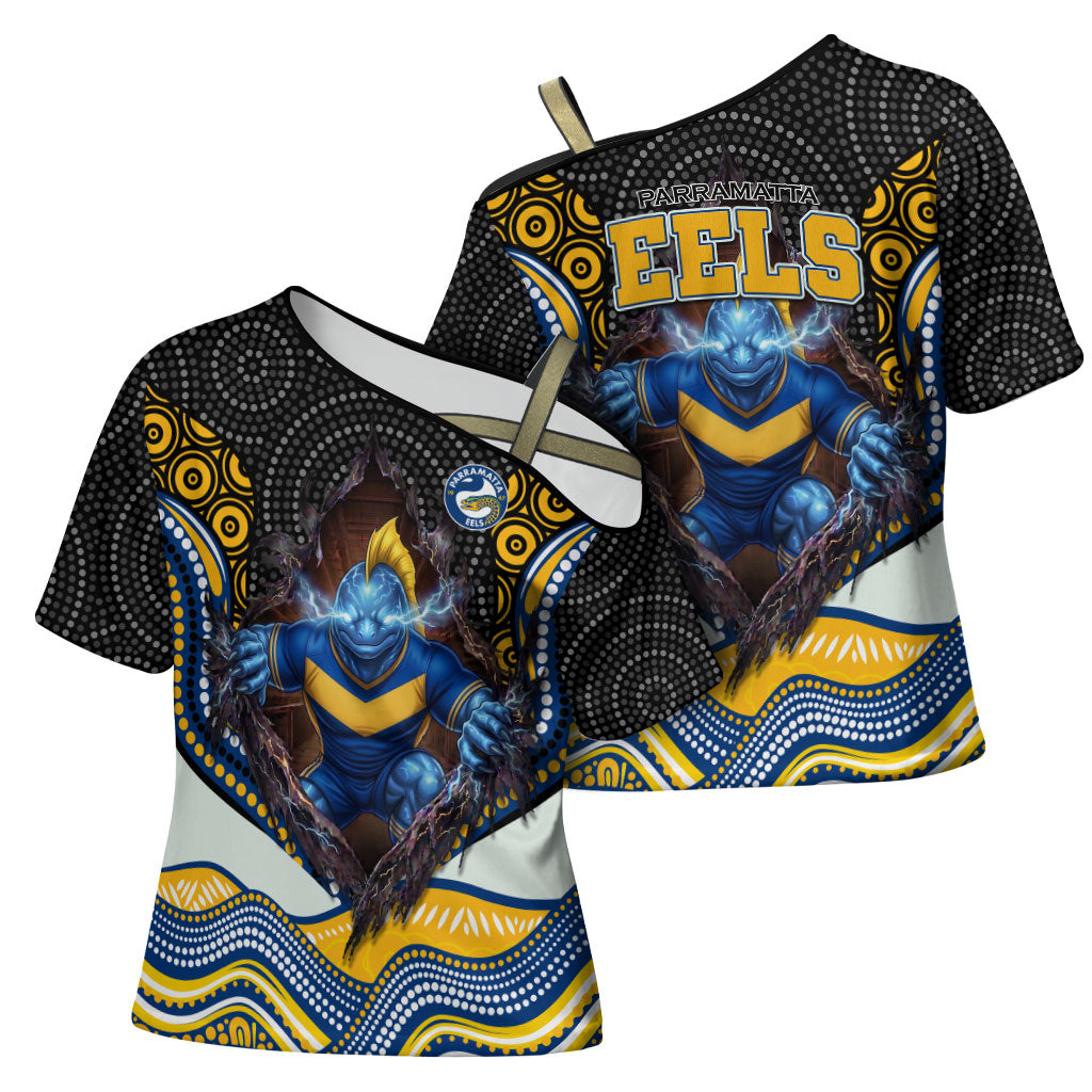 Parramatta Eels Cross Shoulder Shirt The Scream of Lightning Eyes - Indigenous Dot Ripping Effect