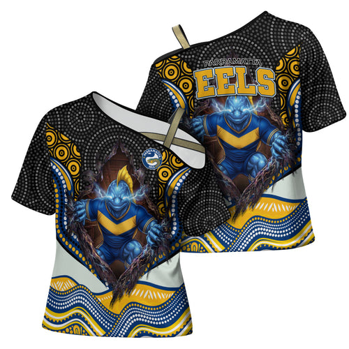 Parramatta Eels Cross Shoulder Shirt The Scream of Lightning Eyes - Indigenous Dot Ripping Effect
