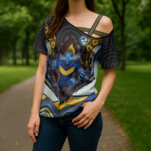 Parramatta Eels Cross Shoulder Shirt The Scream of Lightning Eyes - Indigenous Dot Ripping Effect