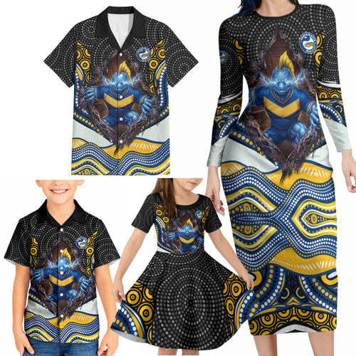 Parramatta Eels Family Matching Long Sleeve Bodycon Dress and Hawaiian Shirt The Scream of Lightning Eyes - Indigenous Dot Ripping Effect