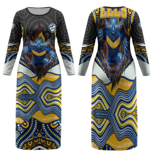 Parramatta Eels Family Matching Long Sleeve Bodycon Dress and Hawaiian Shirt The Scream of Lightning Eyes - Indigenous Dot Ripping Effect