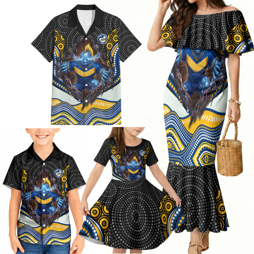 Parramatta Eels Family Matching Mermaid Dress and Hawaiian Shirt The Scream of Lightning Eyes - Indigenous Dot Ripping Effect