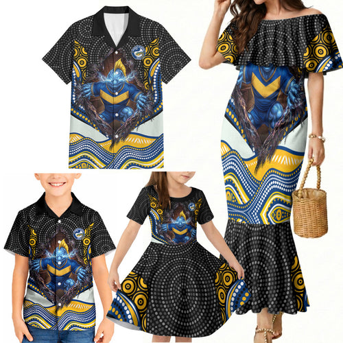 Parramatta Eels Family Matching Mermaid Dress and Hawaiian Shirt The Scream of Lightning Eyes - Indigenous Dot Ripping Effect