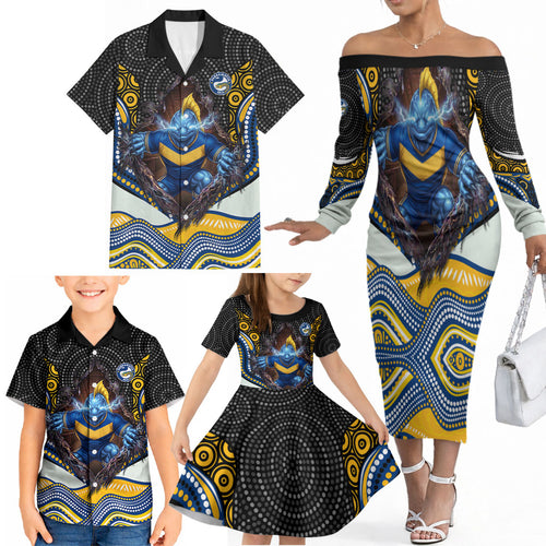 Parramatta Eels Family Matching Off The Shoulder Long Sleeve Dress and Hawaiian Shirt The Scream of Lightning Eyes - Indigenous Dot Ripping Effect