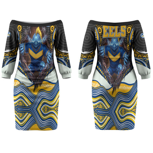 Parramatta Eels Family Matching Off The Shoulder Long Sleeve Dress and Hawaiian Shirt The Scream of Lightning Eyes - Indigenous Dot Ripping Effect