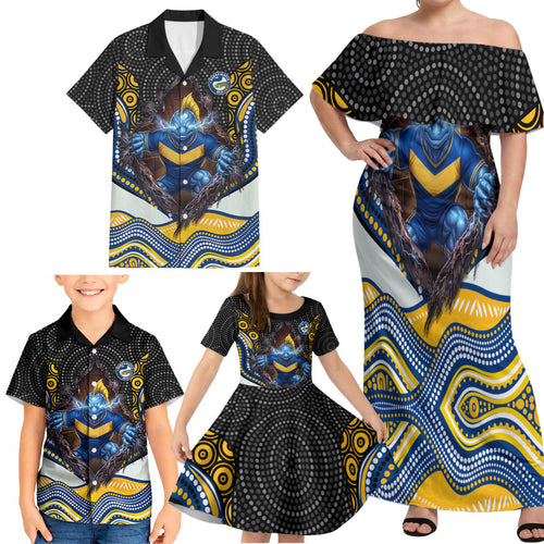 Parramatta Eels Family Matching Off Shoulder Maxi Dress and Hawaiian Shirt The Scream of Lightning Eyes - Indigenous Dot Ripping Effect