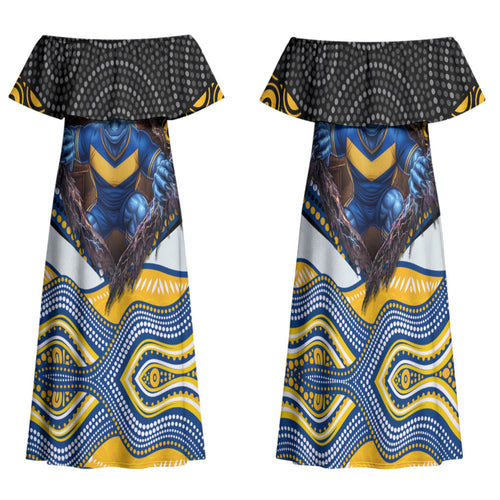 Parramatta Eels Family Matching Off Shoulder Maxi Dress and Hawaiian Shirt The Scream of Lightning Eyes - Indigenous Dot Ripping Effect