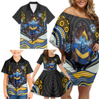 Parramatta Eels Family Matching Off Shoulder Short Dress and Hawaiian Shirt The Scream of Lightning Eyes - Indigenous Dot Ripping Effect