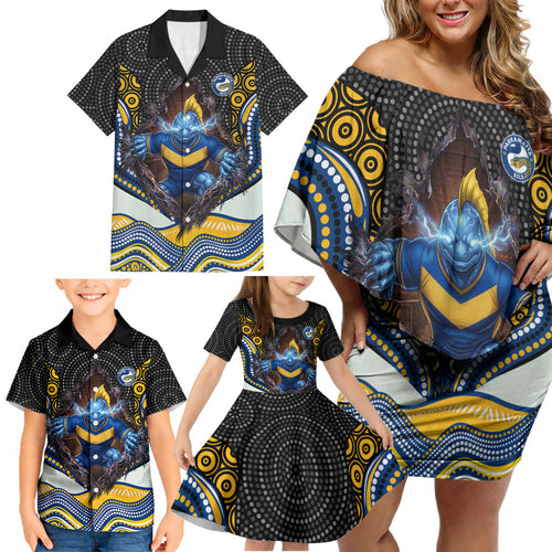 Parramatta Eels Family Matching Off Shoulder Short Dress and Hawaiian Shirt The Scream of Lightning Eyes - Indigenous Dot Ripping Effect