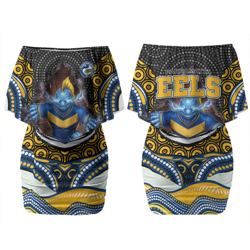Parramatta Eels Family Matching Off Shoulder Short Dress and Hawaiian Shirt The Scream of Lightning Eyes - Indigenous Dot Ripping Effect