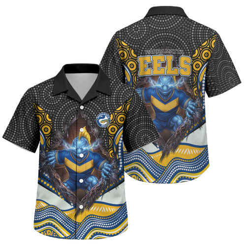 Parramatta Eels Family Matching Off Shoulder Short Dress and Hawaiian Shirt The Scream of Lightning Eyes - Indigenous Dot Ripping Effect
