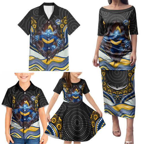 Parramatta Eels Family Matching Puletasi and Hawaiian Shirt The Scream of Lightning Eyes - Indigenous Dot Ripping Effect