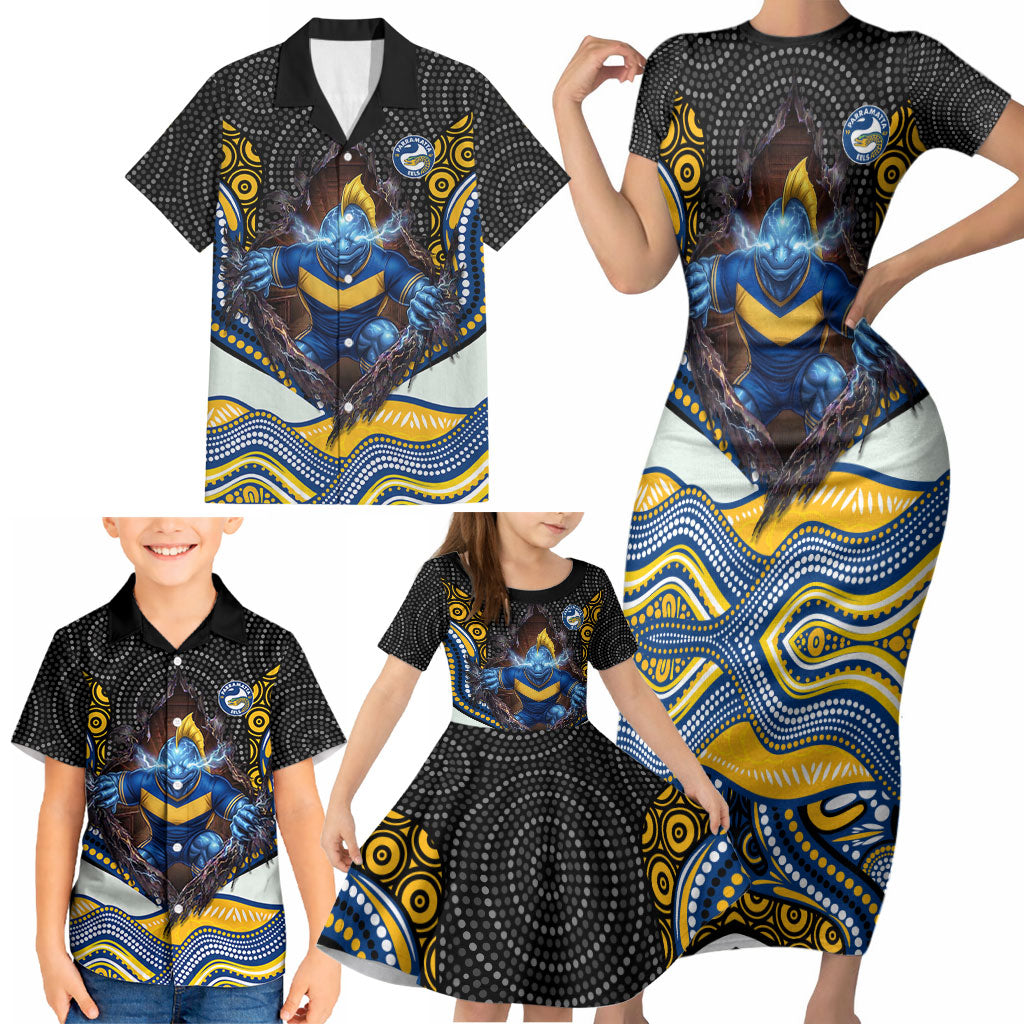 Parramatta Eels Family Matching Short Sleeve Bodycon Dress and Hawaiian Shirt The Scream of Lightning Eyes - Indigenous Dot Ripping Effect