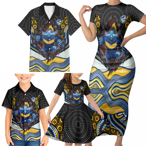 Parramatta Eels Family Matching Short Sleeve Bodycon Dress and Hawaiian Shirt The Scream of Lightning Eyes - Indigenous Dot Ripping Effect