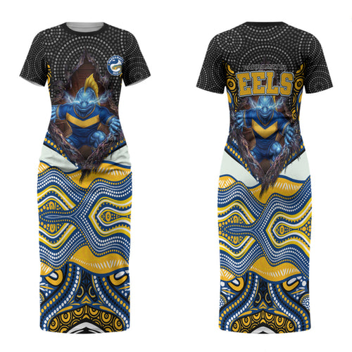 Parramatta Eels Family Matching Short Sleeve Bodycon Dress and Hawaiian Shirt The Scream of Lightning Eyes - Indigenous Dot Ripping Effect