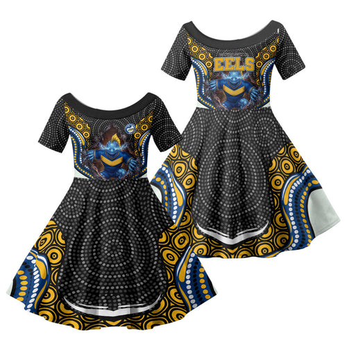 Parramatta Eels Family Matching Short Sleeve Bodycon Dress and Hawaiian Shirt The Scream of Lightning Eyes - Indigenous Dot Ripping Effect