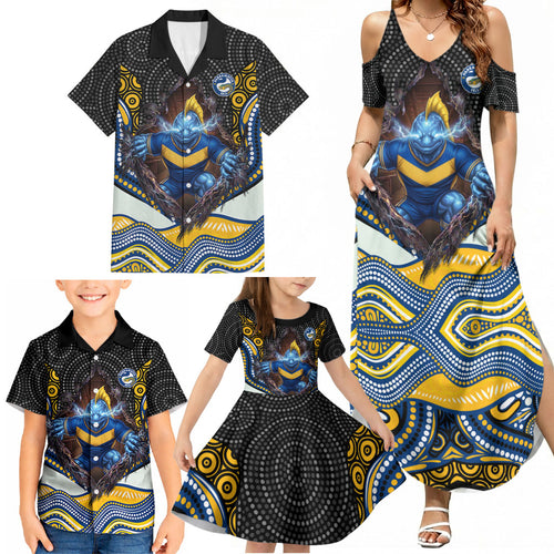 Parramatta Eels Family Matching Summer Maxi Dress and Hawaiian Shirt The Scream of Lightning Eyes - Indigenous Dot Ripping Effect