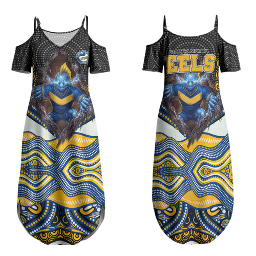 Parramatta Eels Family Matching Summer Maxi Dress and Hawaiian Shirt The Scream of Lightning Eyes - Indigenous Dot Ripping Effect