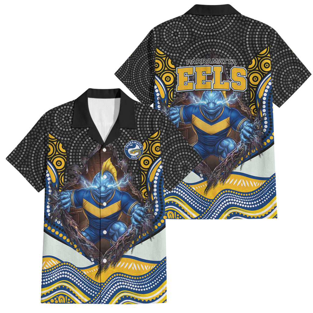 Parramatta Eels Family Matching Summer Maxi Dress and Hawaiian Shirt The Scream of Lightning Eyes - Indigenous Dot Ripping Effect