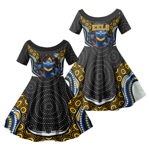 Parramatta Eels Family Matching Summer Maxi Dress and Hawaiian Shirt The Scream of Lightning Eyes - Indigenous Dot Ripping Effect