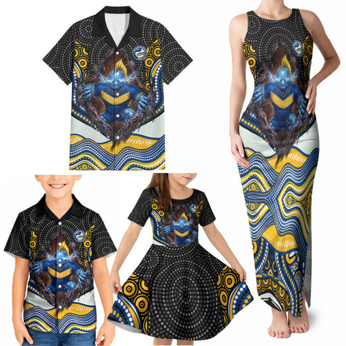 Parramatta Eels Family Matching Tank Maxi Dress and Hawaiian Shirt The Scream of Lightning Eyes - Indigenous Dot Ripping Effect