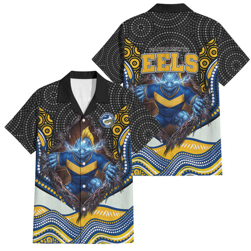 Parramatta Eels Family Matching Tank Maxi Dress and Hawaiian Shirt The Scream of Lightning Eyes - Indigenous Dot Ripping Effect