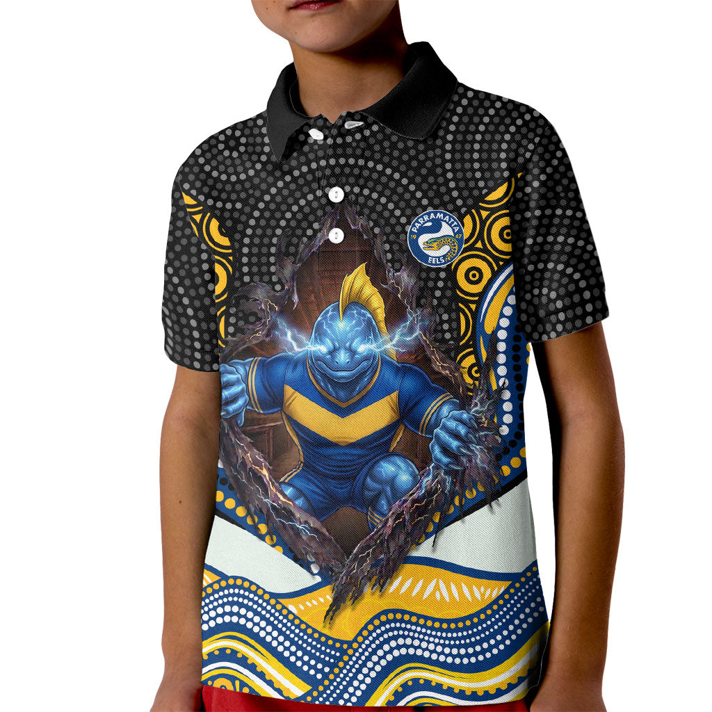 Parramatta Eels Kid Polo Shirt The Scream of Lightning Eyes - Indigenous Dot Ripping Effect