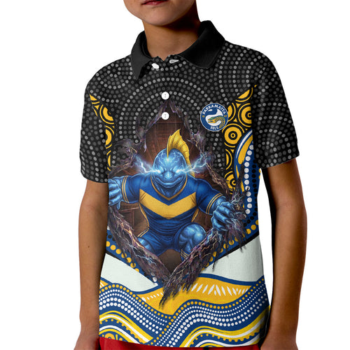 Parramatta Eels Kid Polo Shirt The Scream of Lightning Eyes - Indigenous Dot Ripping Effect