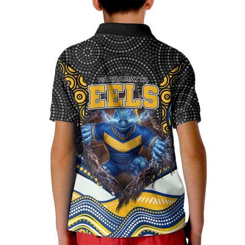 Parramatta Eels Kid Polo Shirt The Scream of Lightning Eyes - Indigenous Dot Ripping Effect