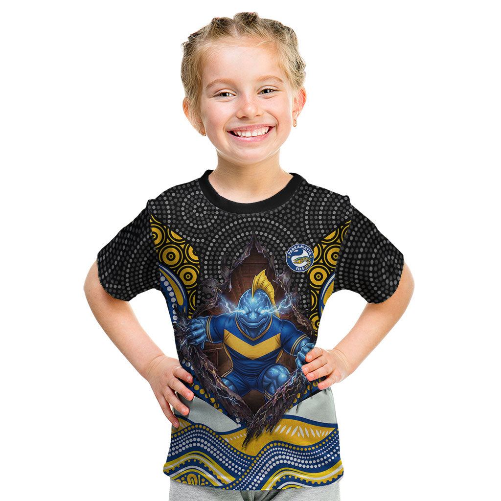 Parramatta Eels Kid T Shirt The Scream of Lightning Eyes - Indigenous Dot Ripping Effect
