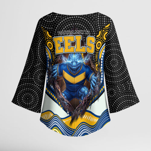 Parramatta Eels Kimono Sleeve Blouse The Scream of Lightning Eyes - Indigenous Dot Ripping Effect