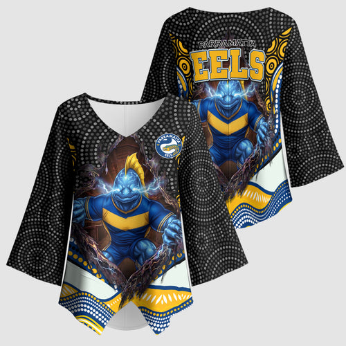 Parramatta Eels Kimono Sleeve Blouse The Scream of Lightning Eyes - Indigenous Dot Ripping Effect