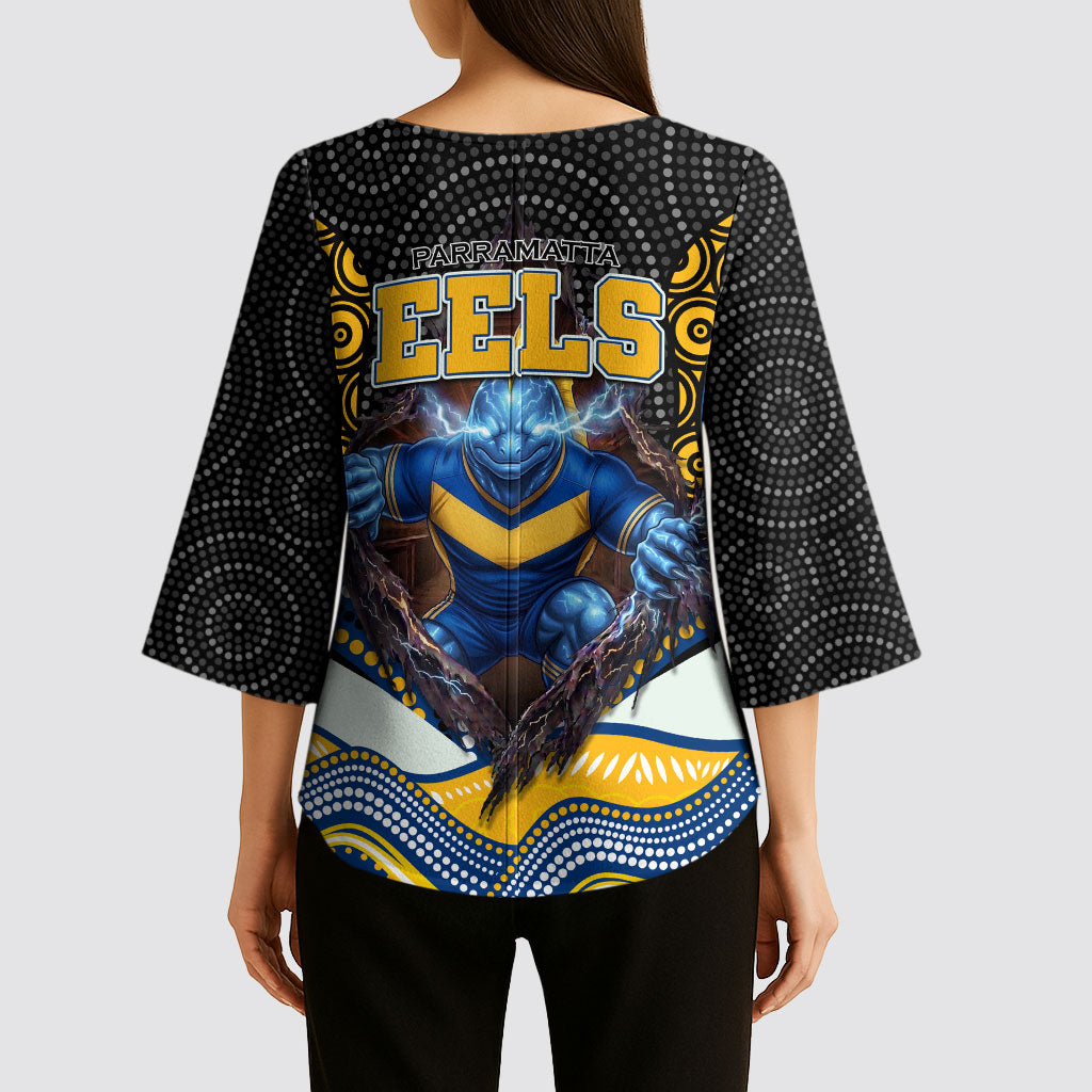 Parramatta Eels Kimono Sleeve Blouse The Scream of Lightning Eyes - Indigenous Dot Ripping Effect