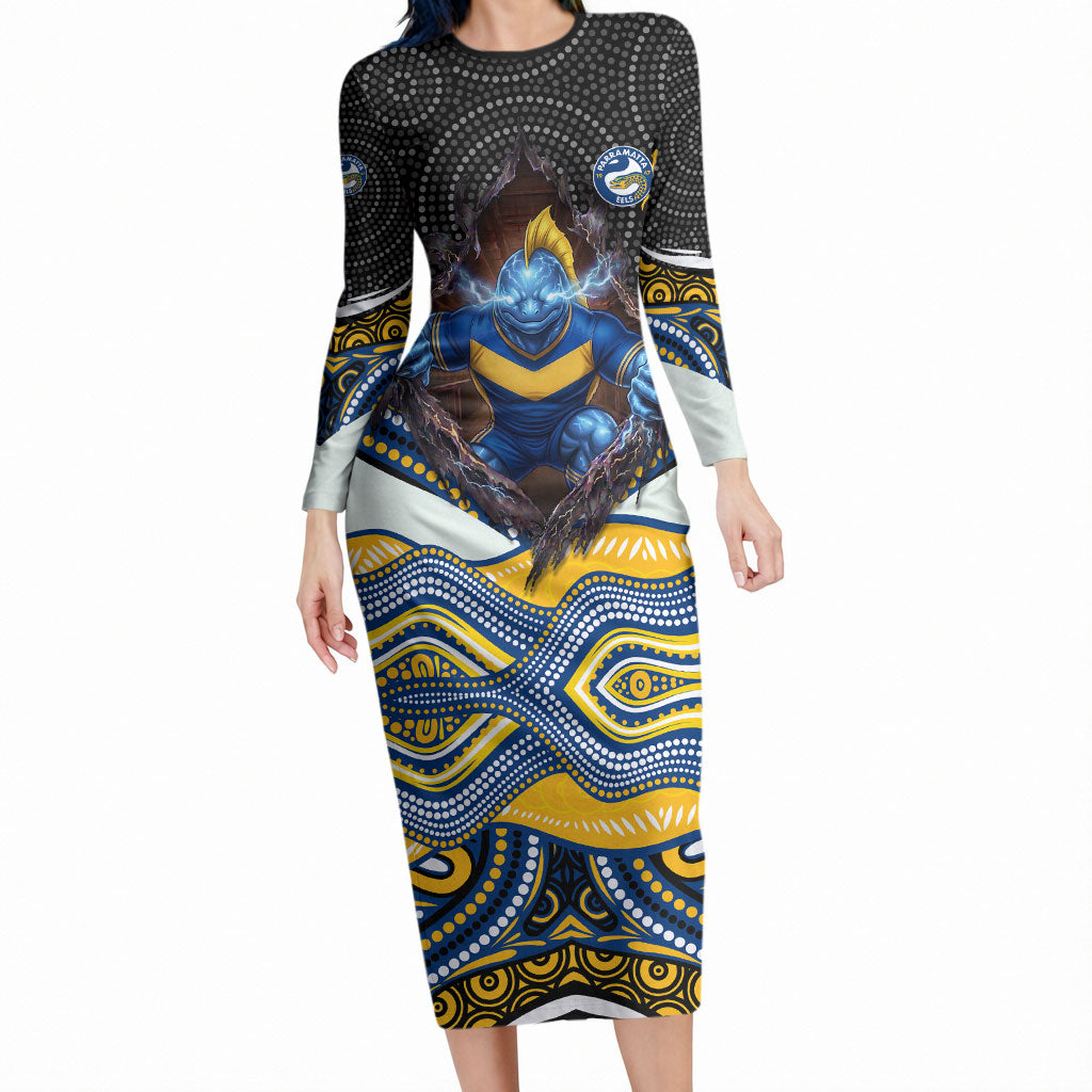Parramatta Eels Long Sleeve Bodycon Dress The Scream of Lightning Eyes - Indigenous Dot Ripping Effect