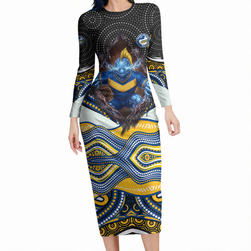 Parramatta Eels Long Sleeve Bodycon Dress The Scream of Lightning Eyes - Indigenous Dot Ripping Effect