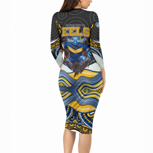 Parramatta Eels Long Sleeve Bodycon Dress The Scream of Lightning Eyes - Indigenous Dot Ripping Effect