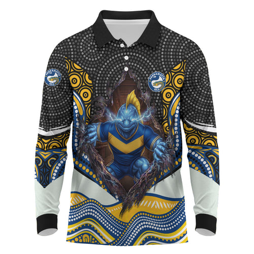 Parramatta Eels Long Sleeve Polo Shirt The Scream of Lightning Eyes - Indigenous Dot Ripping Effect