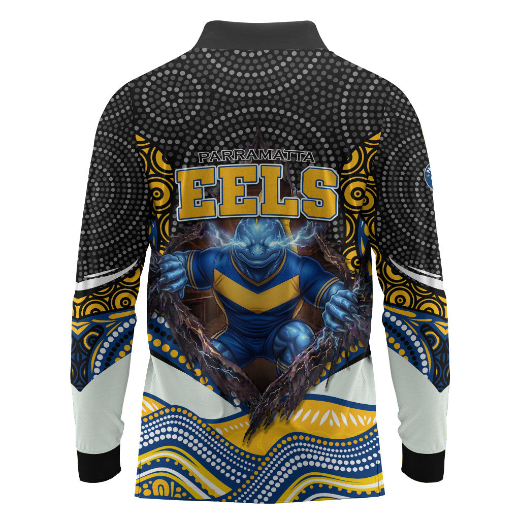Parramatta Eels Long Sleeve Polo Shirt The Scream of Lightning Eyes - Indigenous Dot Ripping Effect