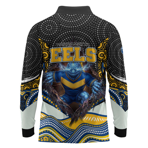 Parramatta Eels Long Sleeve Polo Shirt The Scream of Lightning Eyes - Indigenous Dot Ripping Effect