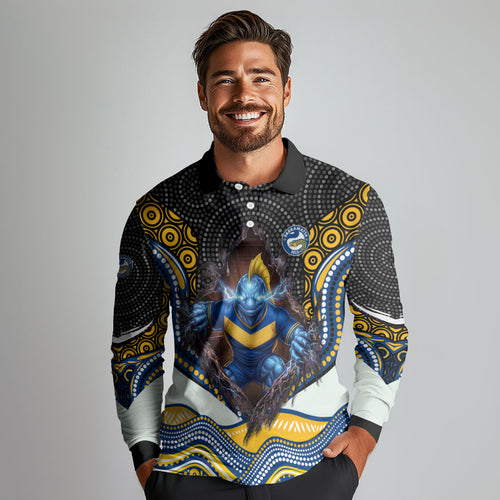 Parramatta Eels Long Sleeve Polo Shirt The Scream of Lightning Eyes - Indigenous Dot Ripping Effect