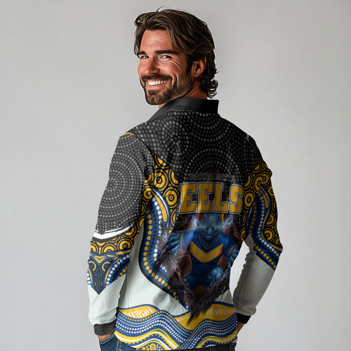 Parramatta Eels Long Sleeve Polo Shirt The Scream of Lightning Eyes - Indigenous Dot Ripping Effect