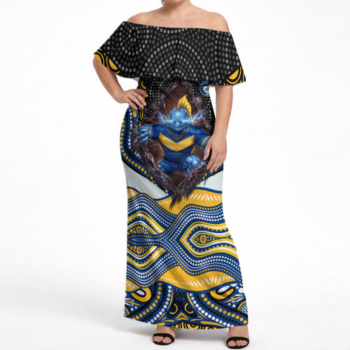 Parramatta Eels Off Shoulder Maxi Dress The Scream of Lightning Eyes - Indigenous Dot Ripping Effect