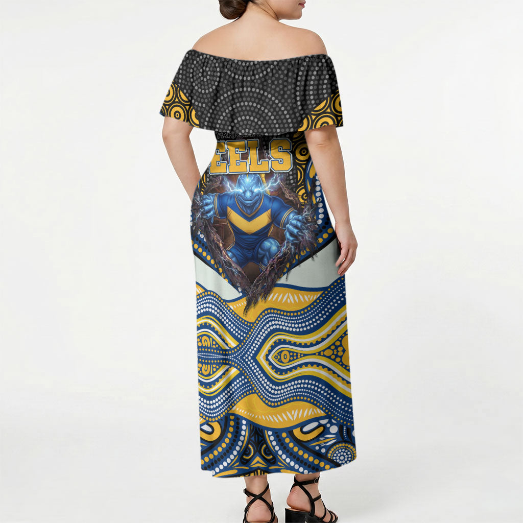 Parramatta Eels Off Shoulder Maxi Dress The Scream of Lightning Eyes - Indigenous Dot Ripping Effect