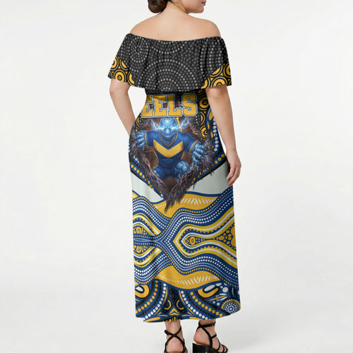 Parramatta Eels Off Shoulder Maxi Dress The Scream of Lightning Eyes - Indigenous Dot Ripping Effect