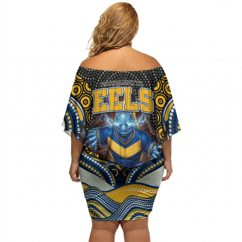 Parramatta Eels Off Shoulder Short Dress The Scream of Lightning Eyes - Indigenous Dot Ripping Effect
